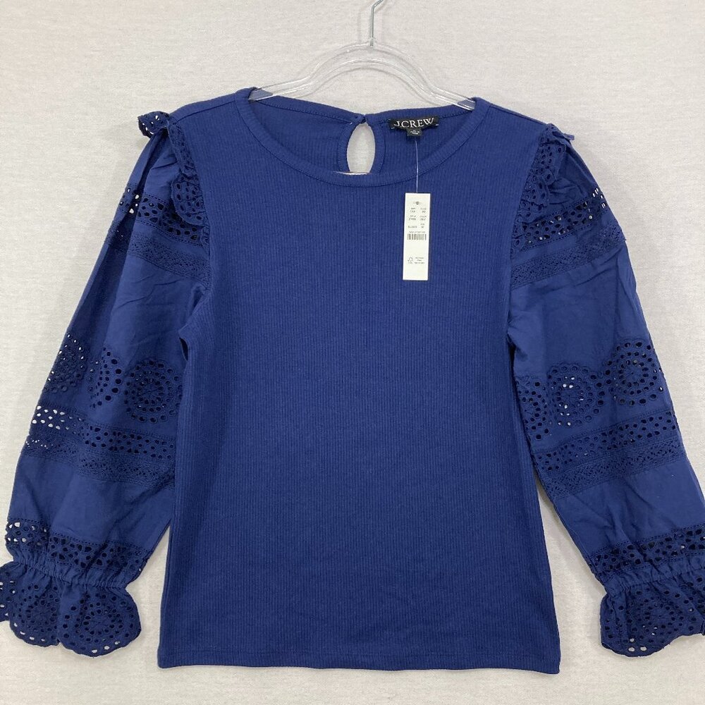 New‎ J. Crew Medium Navy Rib Knit Stretch Eyelet Ruffle Boho Sleeve Top